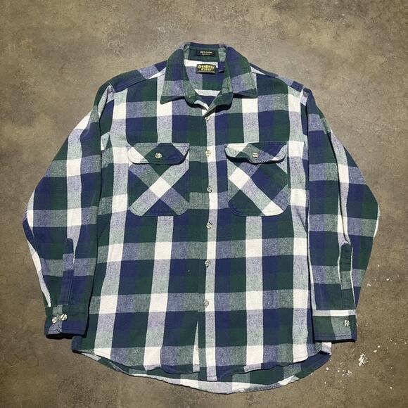 Vintage 90s Oshkosh Blue/Green Plaid Cotton Flannel - Picture 1 of 3